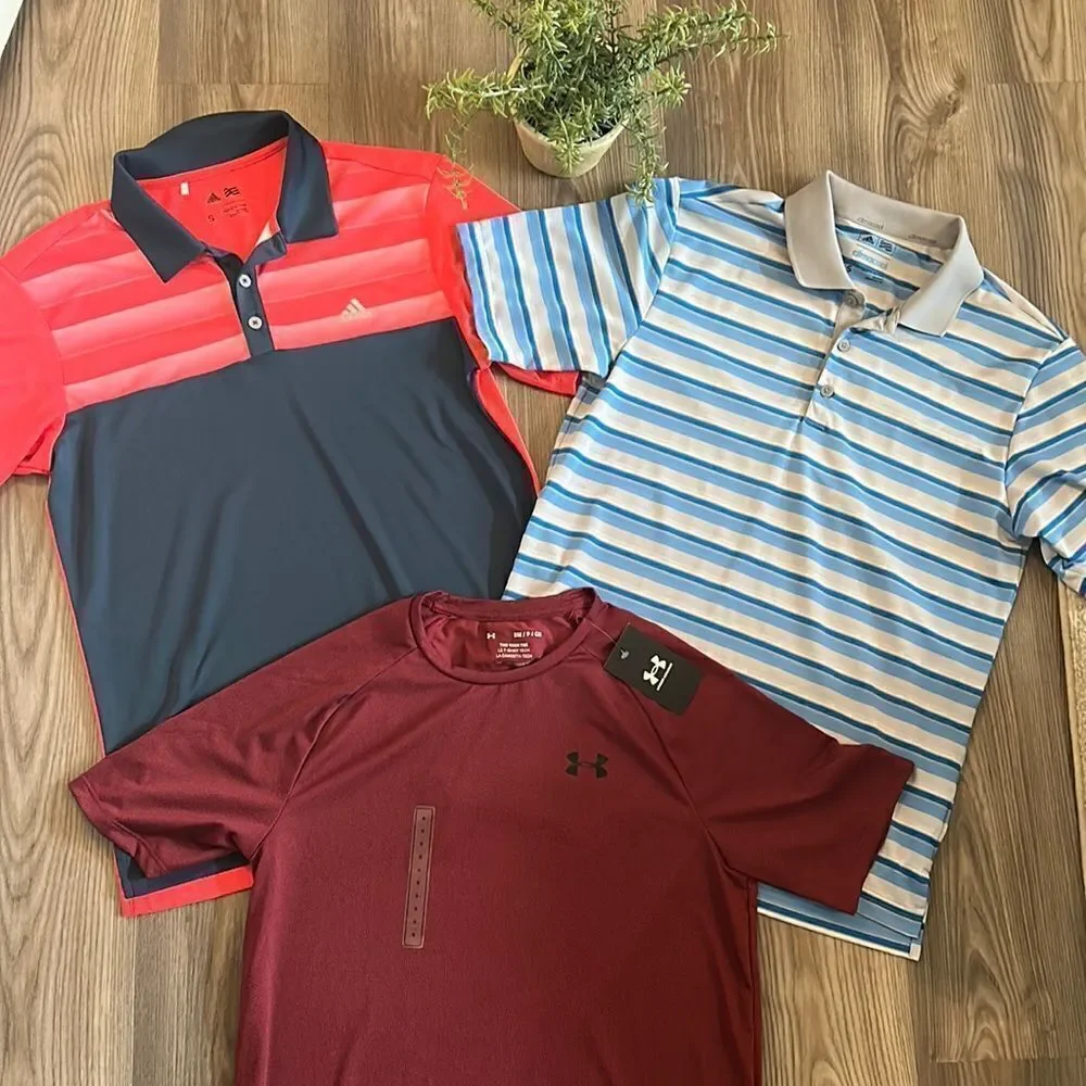 ((3 PIECE)) MENS SIZE SMALL BUNDLE TWO ADIDAS GOLF POLOS AND NWT UNDER ARMOUR T